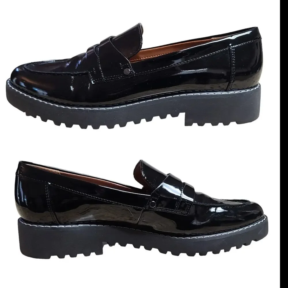 Nearly New Franco Sarto Black Patent Leather Lug Sole Loafers